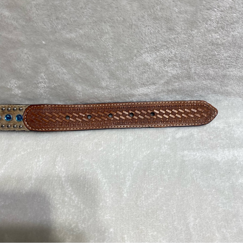 NOCONA Kids Leather Calf-hair Belt Blue Rhinestones Brown Western Cowboy - Picture 6 of 11